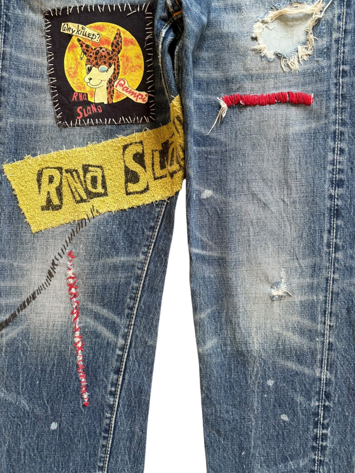 Japanese Brand Vintage Rna Slang Faded Wash Patchwork Distressed Jeans Size 31" - 5 Thumbnail