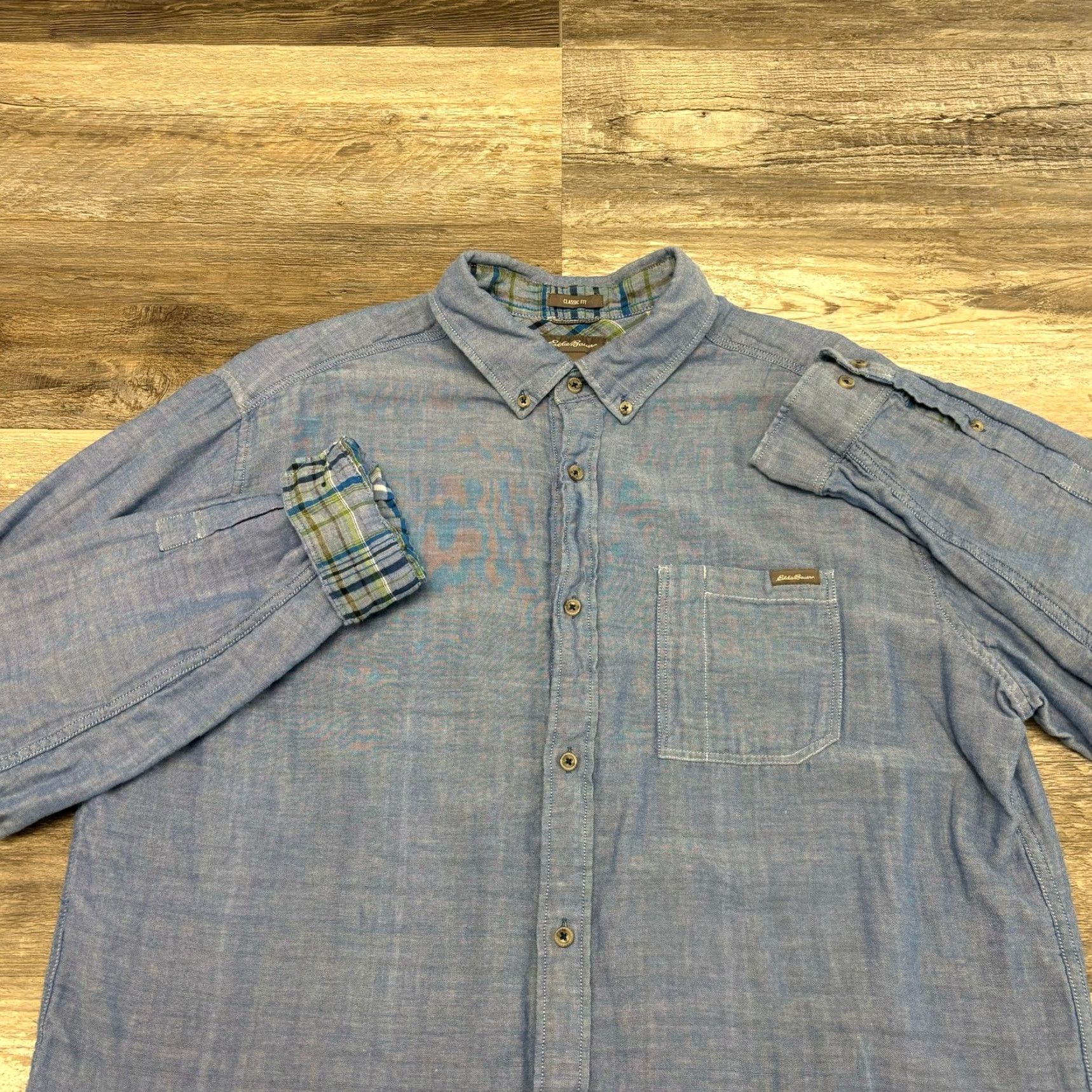 Eddie Bauer VINTAGE Eddie Bauer Blue Chambray Mens XL Plaid Lined Long Sleeve Button Down Shirt Size US XL / EU 56 / 4 - 2 Thumbnail