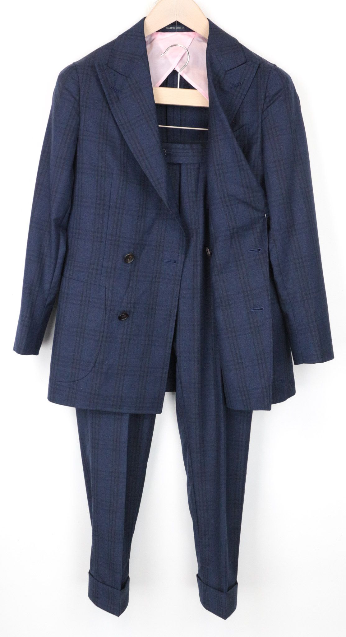 image of Suitsupply La Spalla Uk30R Blue Slim Check Two-Row S130 Wool 68798, Men's (Size 34S)