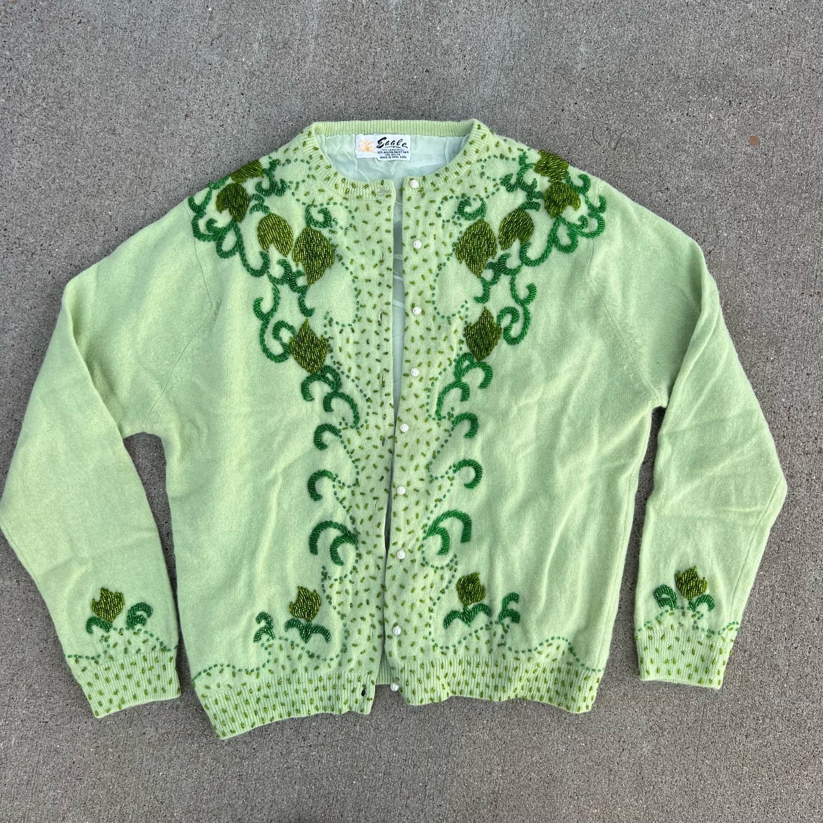 Image of Vintage 1950S Eagle Pistachio Green Beaded Lambswool Angora Cardigan, Women's (Size Small)