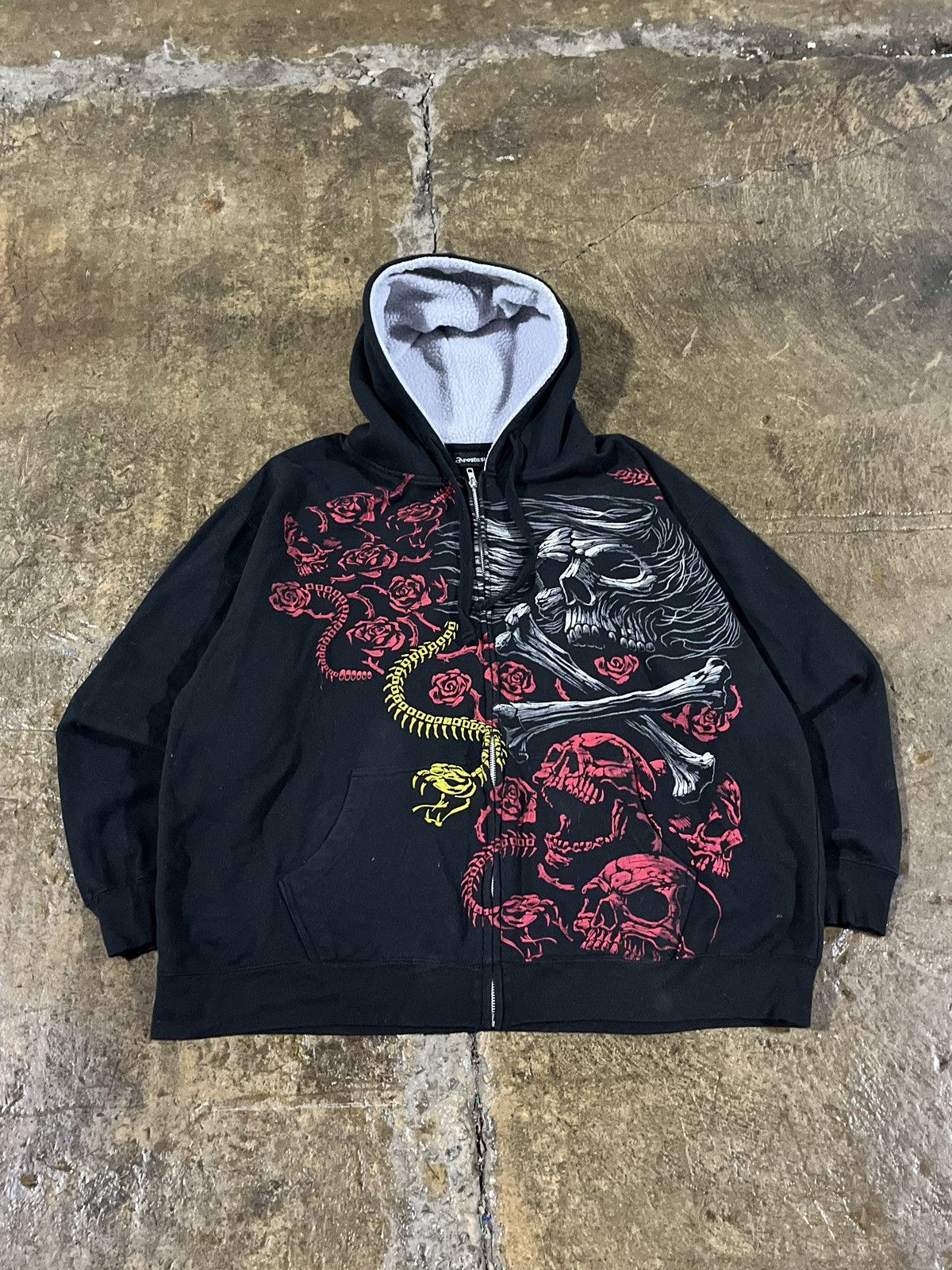 image of Crazy Y2K Affliction Style Zip-Up Hoodie Skull Grunge Skater in Black, Men's (Size XL)