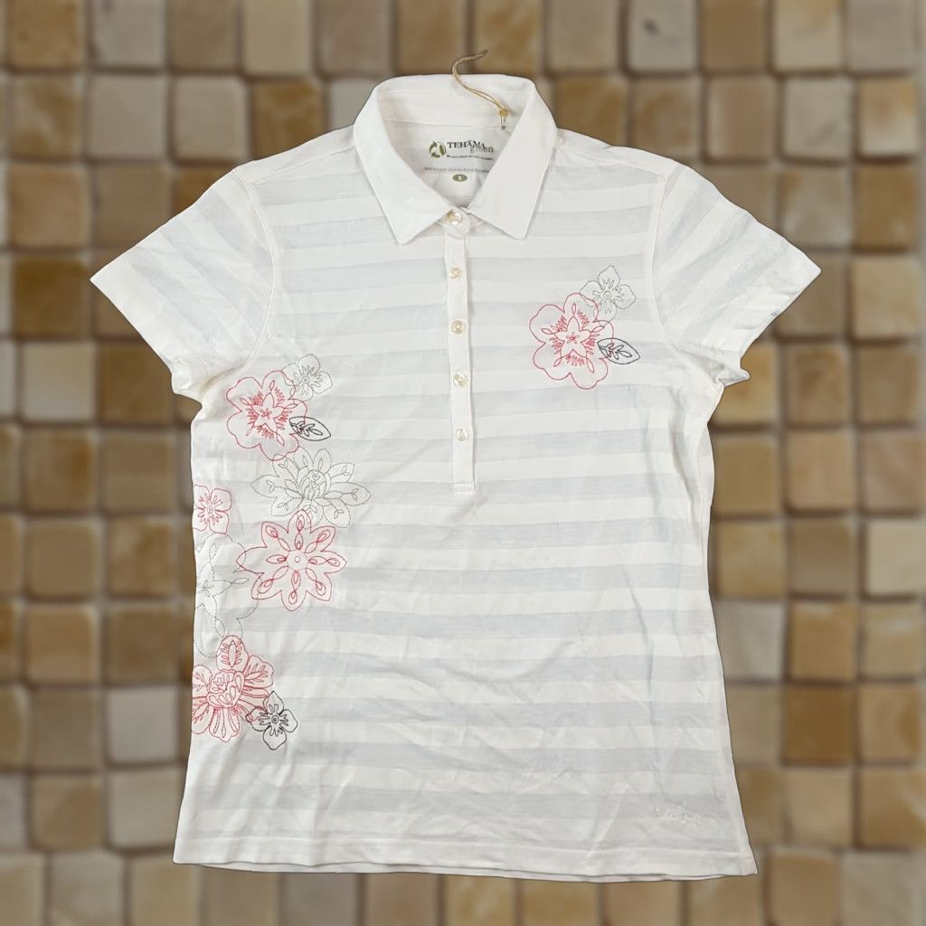 Vintage Tehama Polo Shirt Women S Striped Embroidered Flowers White Breathable Collared Short Sleeve Gym Golf 90s Preppy Athleisure Polo 00s Y2K Women Size S / US 4 / IT 40 - 1 Thumbnail