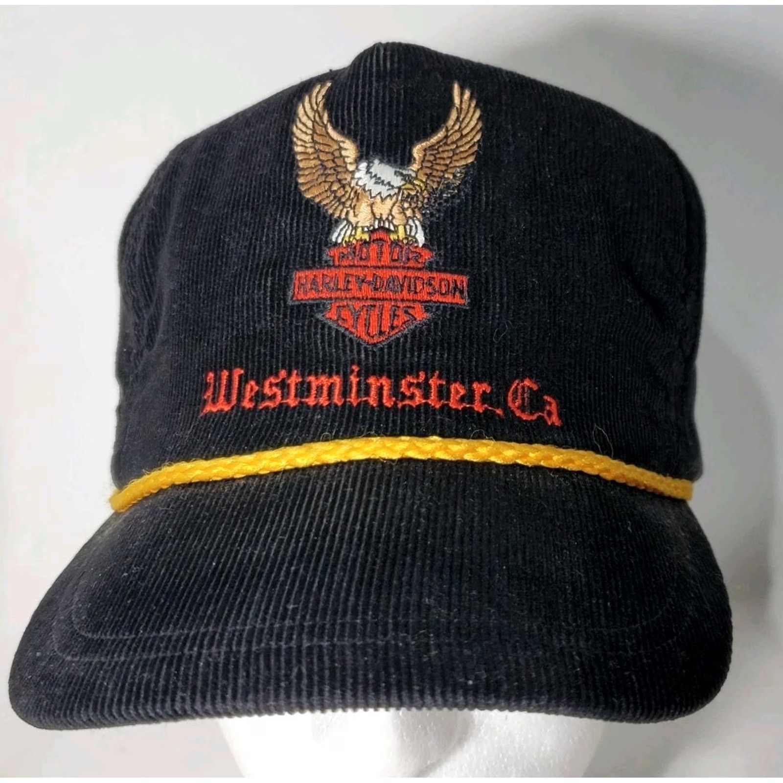 Harley Davidson VINTAGE Harley Davidson Hat Black Corduroy Gold Corded Eagle Embroidered 80s USA Size ONE SIZE - 2 Thumbnail