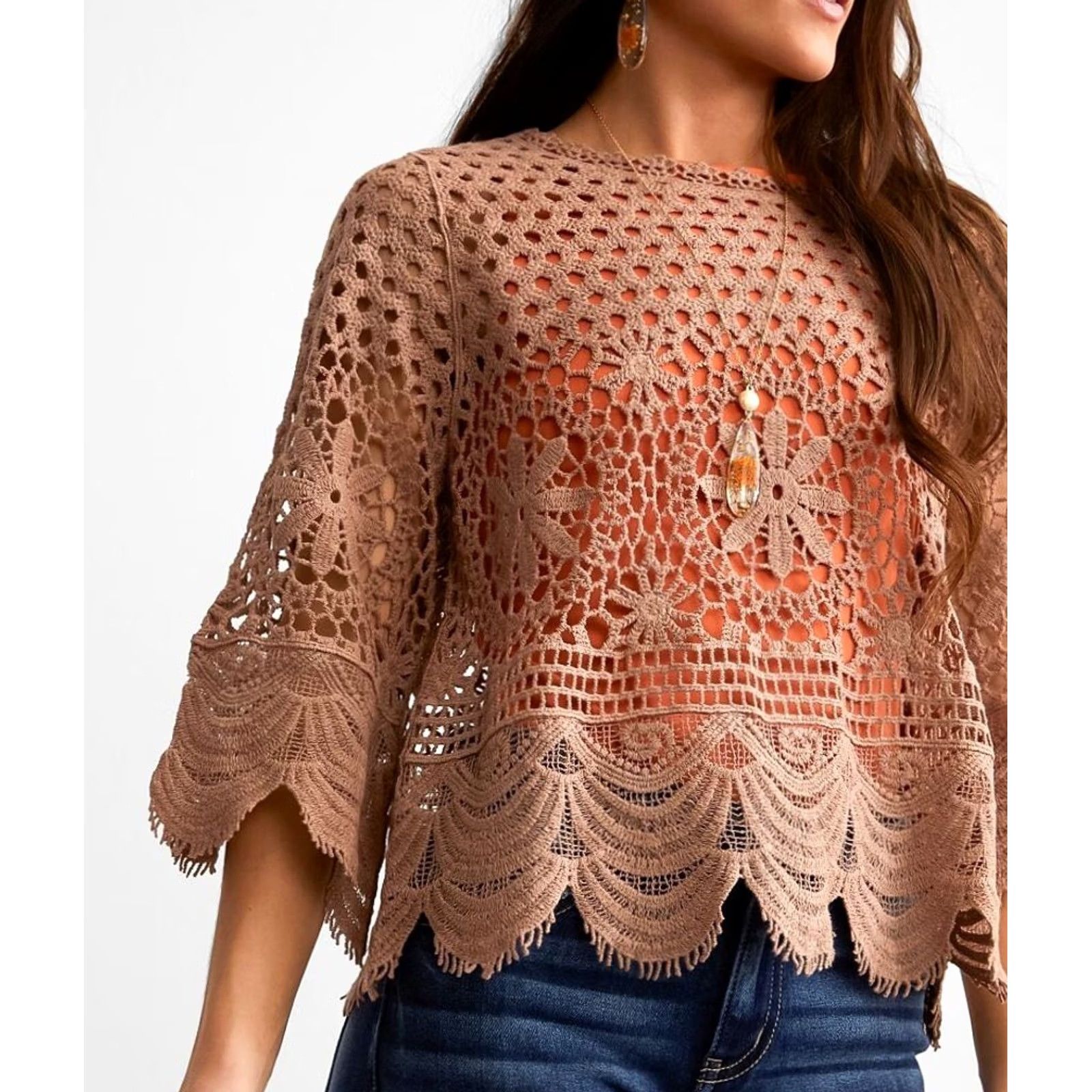 Vintage Buckle Daytrip Women Blouse 3/4 Sleeve Top M Chanterelle Open Weave Eyelash Crochet Lace Brown Scalloped Crochet Breathable Lightweight Casual Knit Size M / US 6-8 / IT 42-44 - 6 Thumbnail