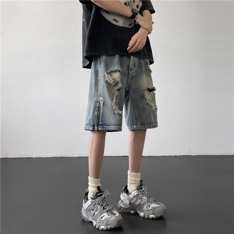 Japanese Brand Men's loose straight-leg ripped zipper split denim shorts Size US 32 / EU 48 - 2 Thumbnail