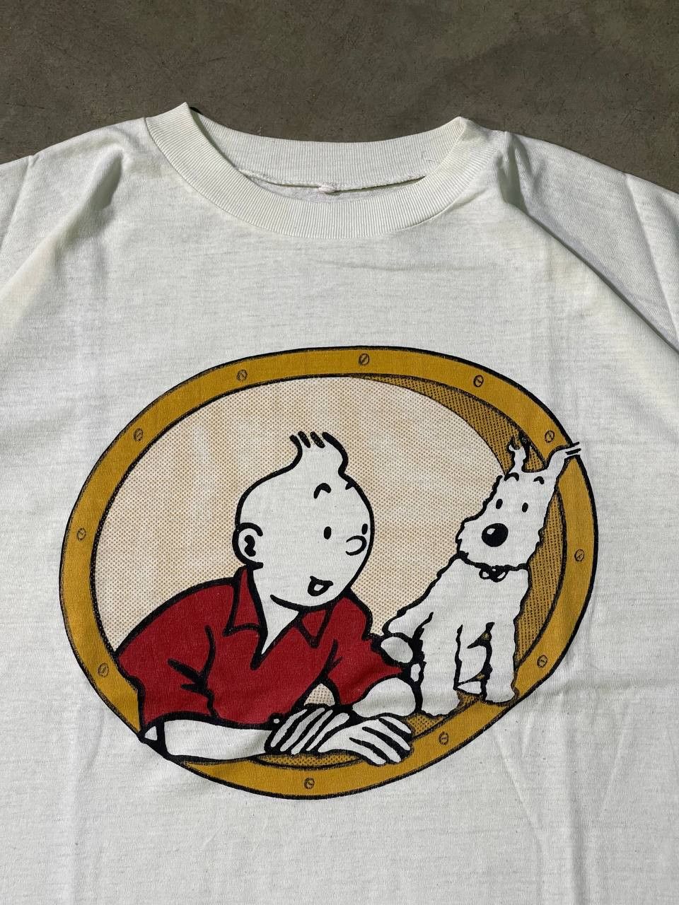 Vintage 90s Vintage "Tintin & Milu" Cream Single Stitch Tshirt Size US L / EU 52-54 / 3 - 6 Thumbnail