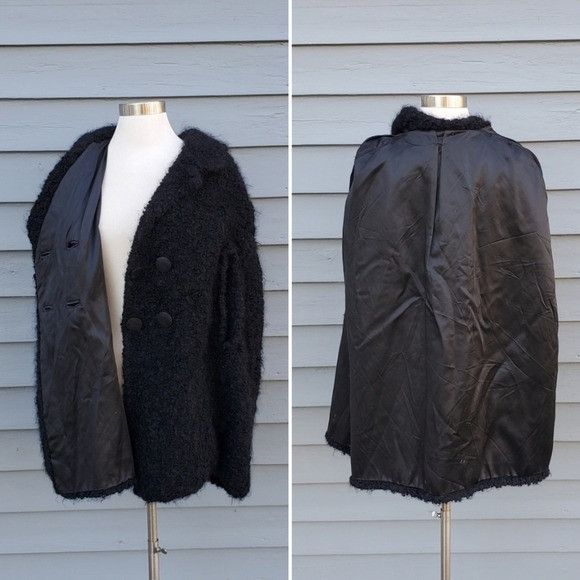 Designer × Vintage Vintage 80s Retro Faux Mongolian Persian Lamb Black Fur Cape Size ONE SIZE - 3 Thumbnail