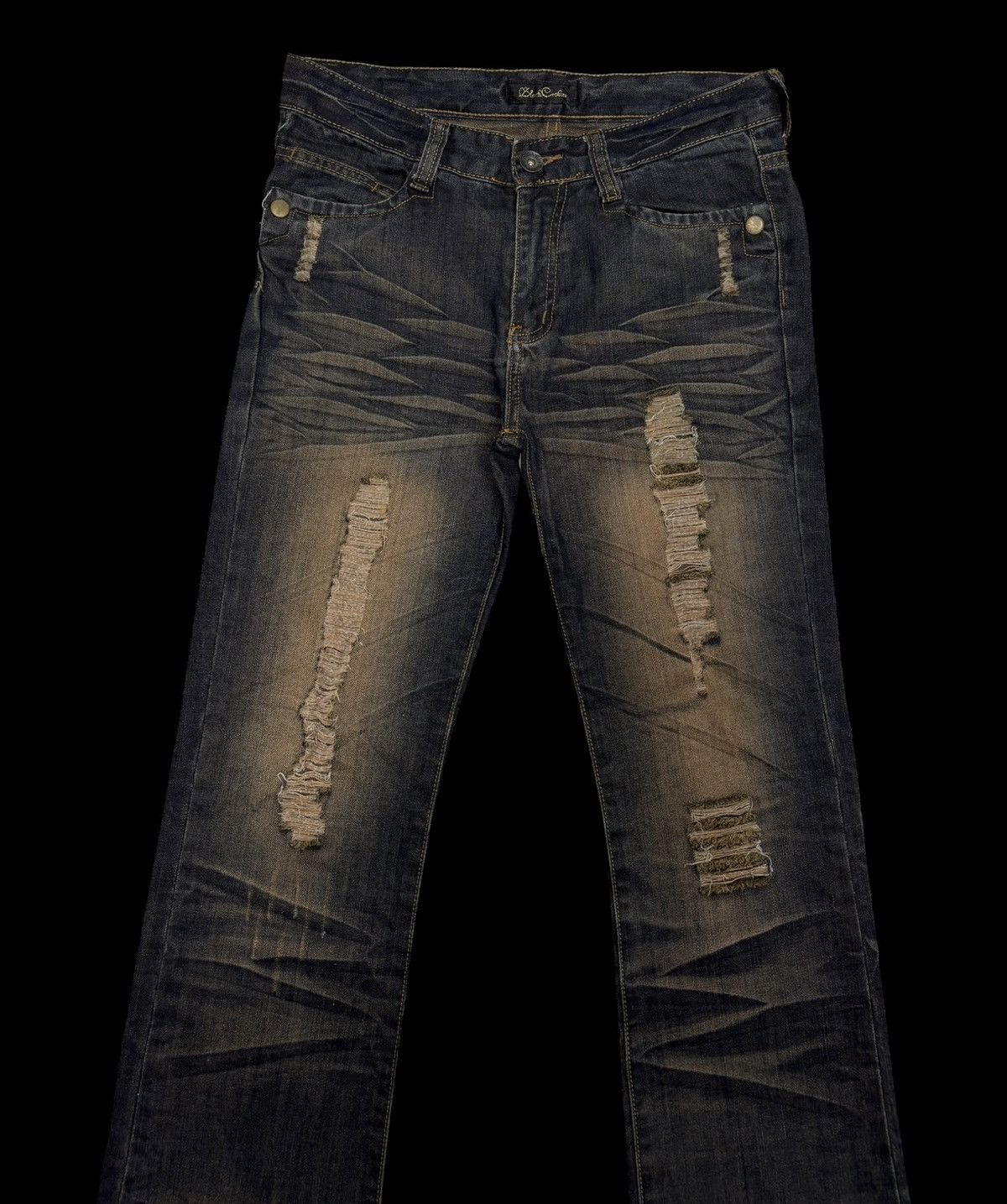 14th Addiction × KMRii × Yasuyuki Ishii 🔥FLARE JEANS WHISKER BLACK CROWN CLAW MARK DISTRESS JEAN Size US 32 / EU 48 - 7 Thumbnail