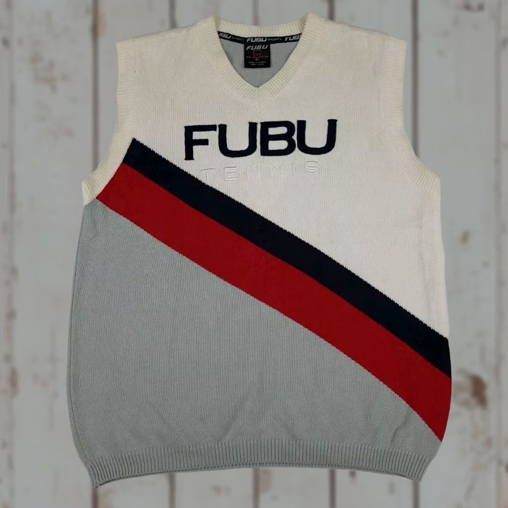 Fubu VINTAGE FUBU Tennis Knit Sweater Vest Stripe Sport Cotton Blend XL Men Size US XL / EU 56 / 4 - 1 Thumbnail