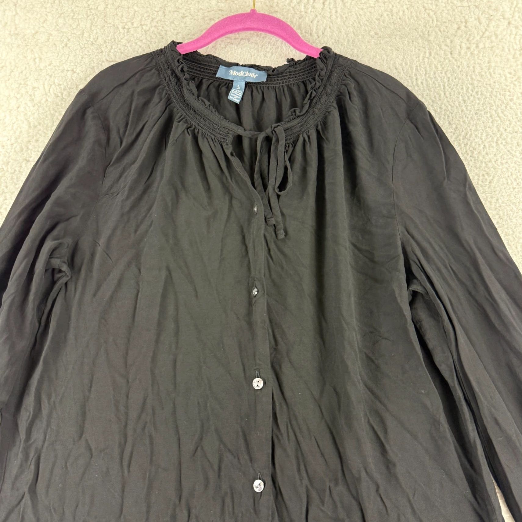 Vintage ModCloth Shirt Womens Large Black Long Sleeve Button Tie Neck Peasant Casual Blouse Size L / US 10 / IT 46 - 2 Thumbnail