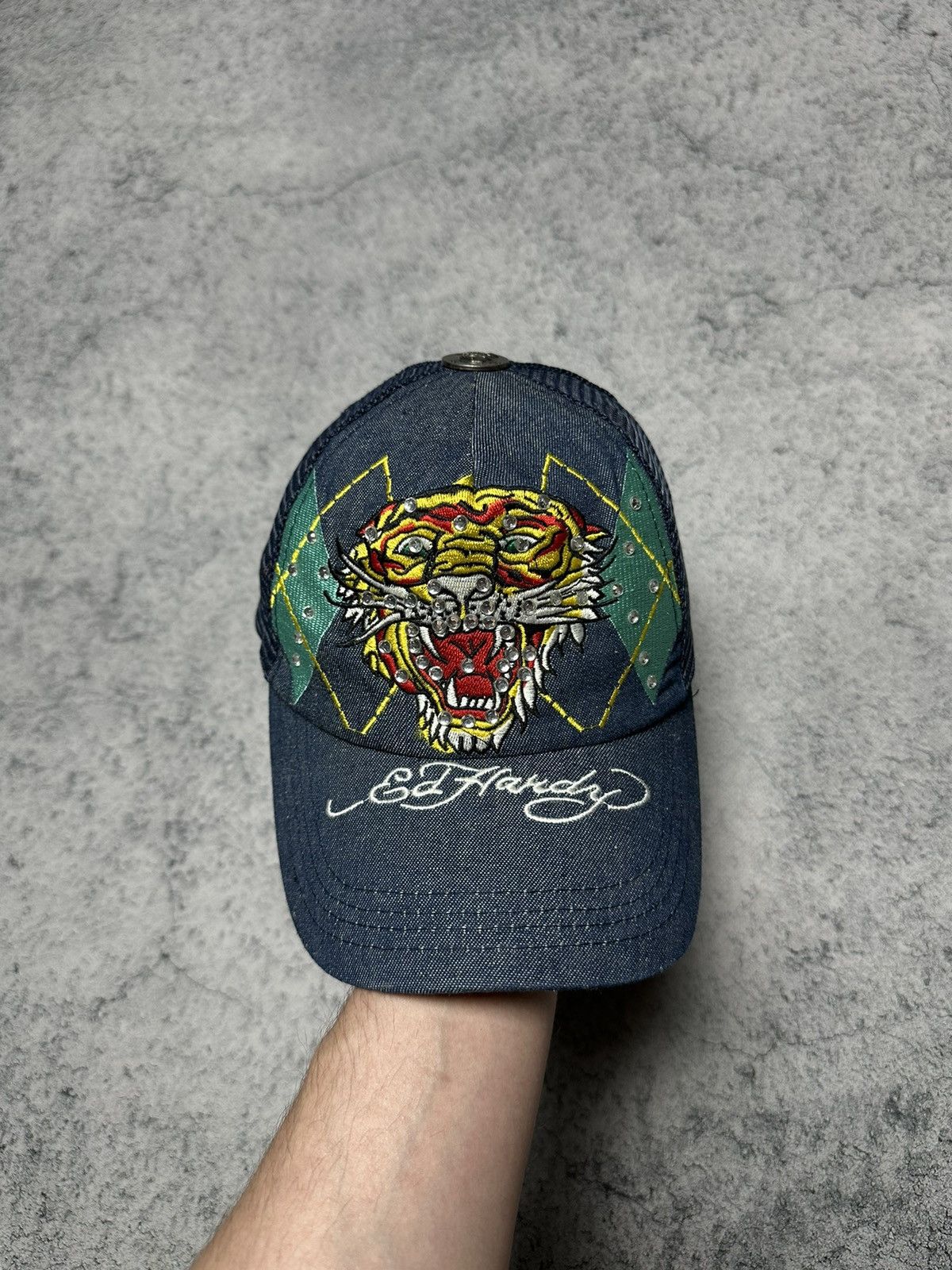 Ed Hardy Vintage Ed Hardy Tiger Logo Denim Rhinestones Trucker Cap Size ONE SIZE - 4 Thumbnail