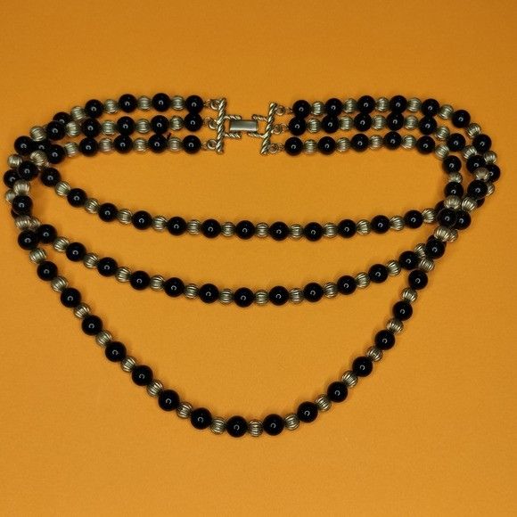 Vintage Cato Black Gold Multi Strand Necklace 3 Tiered Layered Jewel Size ONE SIZE - 16 Thumbnail