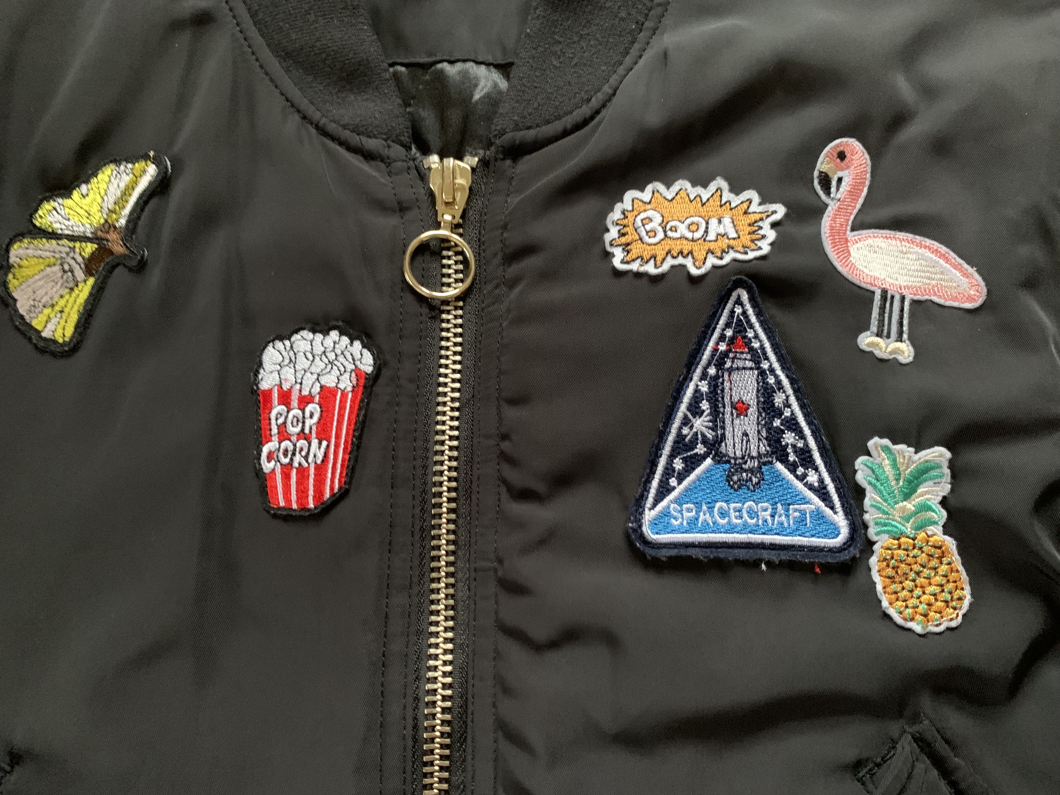 H&M Divided Black Bomber Jacket with Embroidered Patches Size L / US 10 / IT 46 - 5 Thumbnail