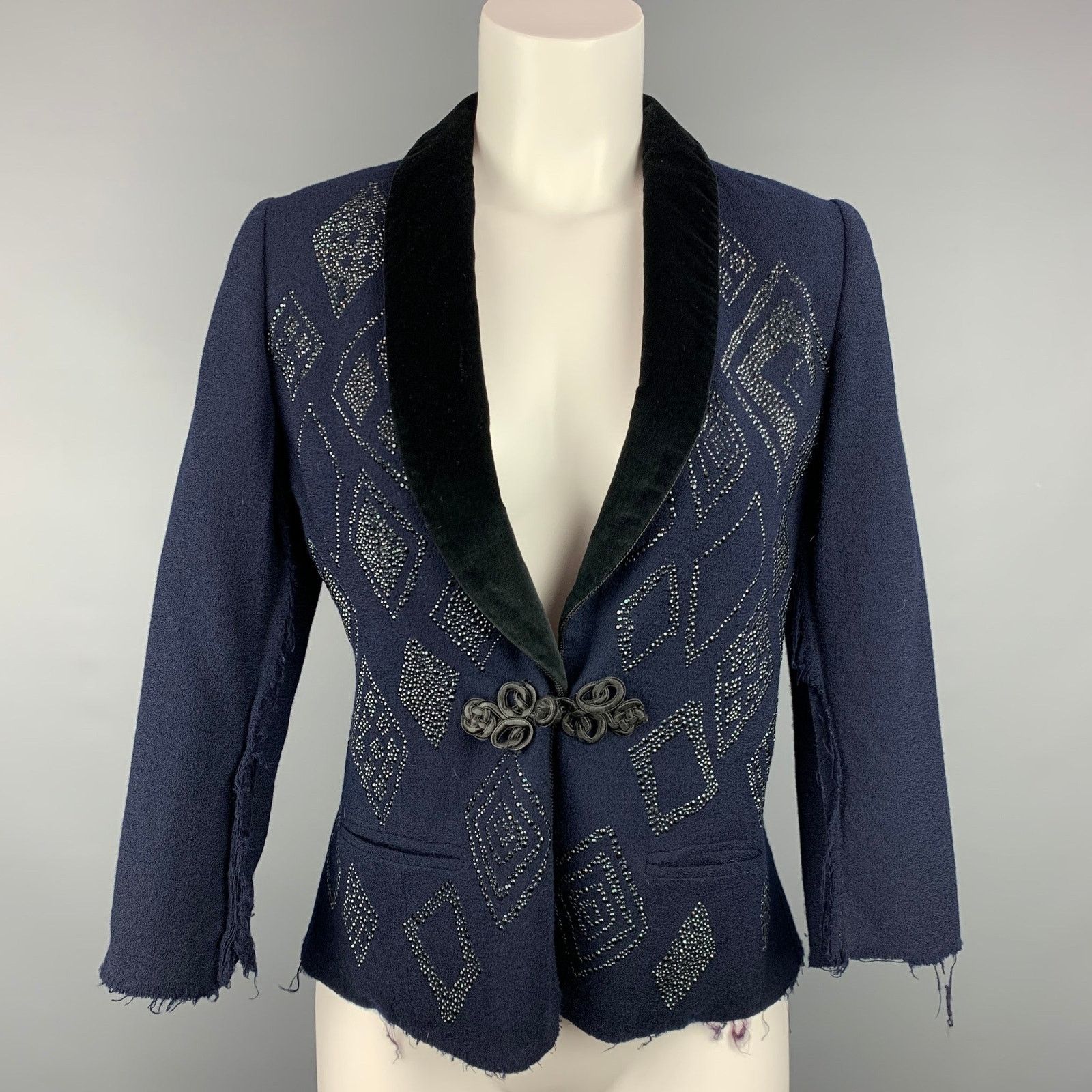 Vintage VINTAGE Size S Navy & Black Crepe Rhinestones Tuxedo Jacket Size S / US 4 / IT 40 - 1 Thumbnail