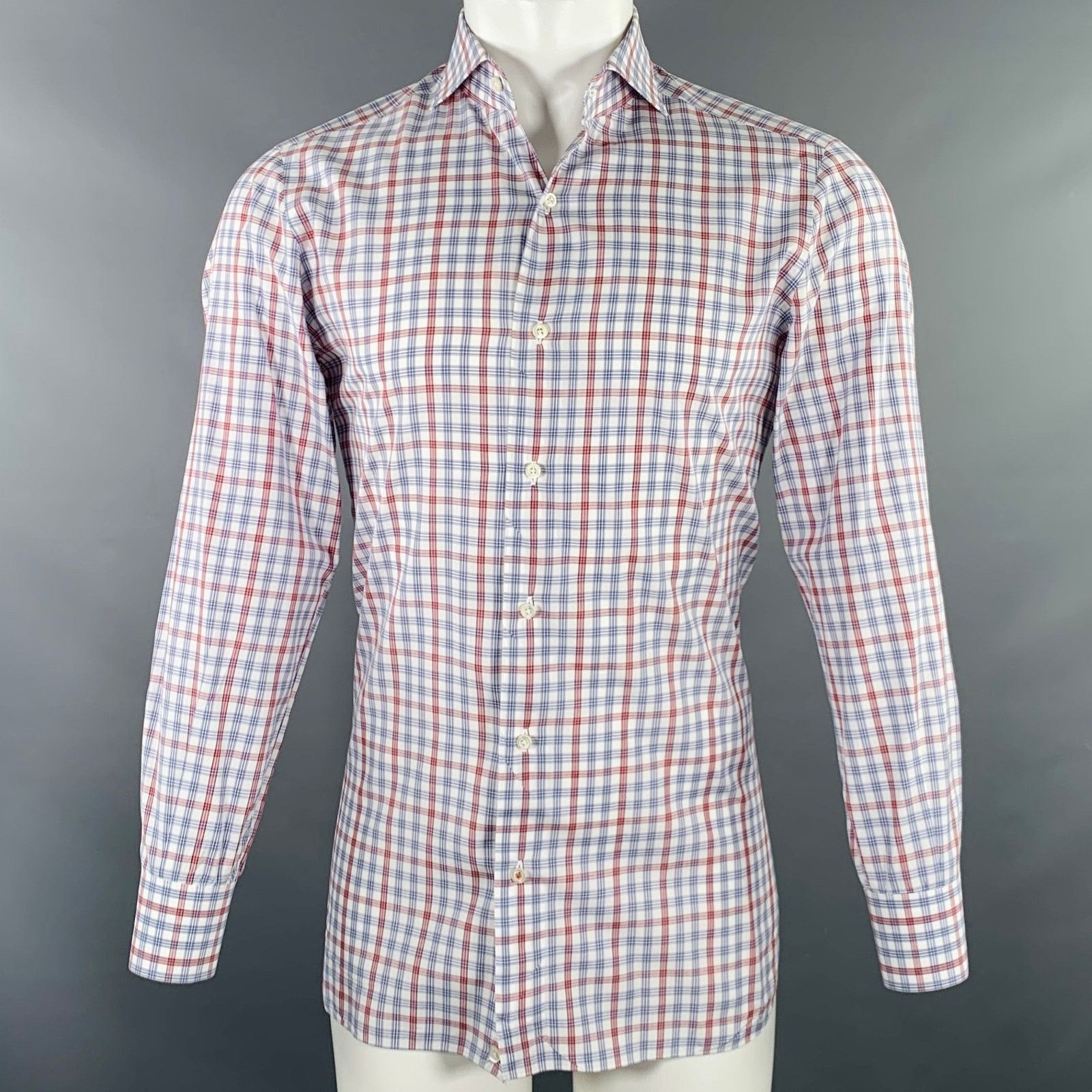 Isaia Burgundy White Blue Plaid Cotton Spread Collar Shirt Size US M / EU 48-50 / 2 - 1 Thumbnail