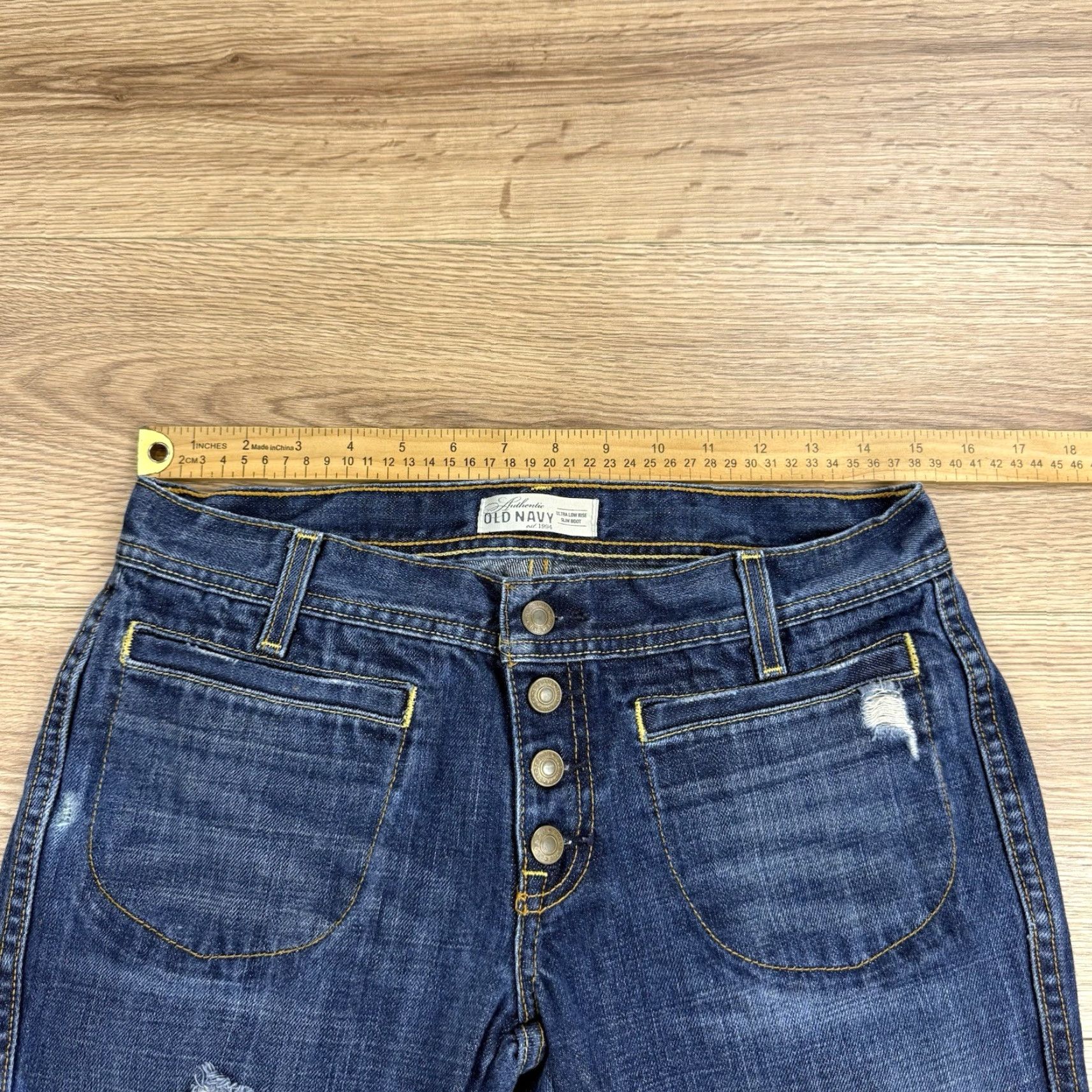 Old Navy Old Navy Jeans Women's Ultra Low Rise Slim Bootcut Button Fly 6 Distressed Blue Regular 31in Inseam Size 28" / US 6 / IT 42 - 4 Thumbnail