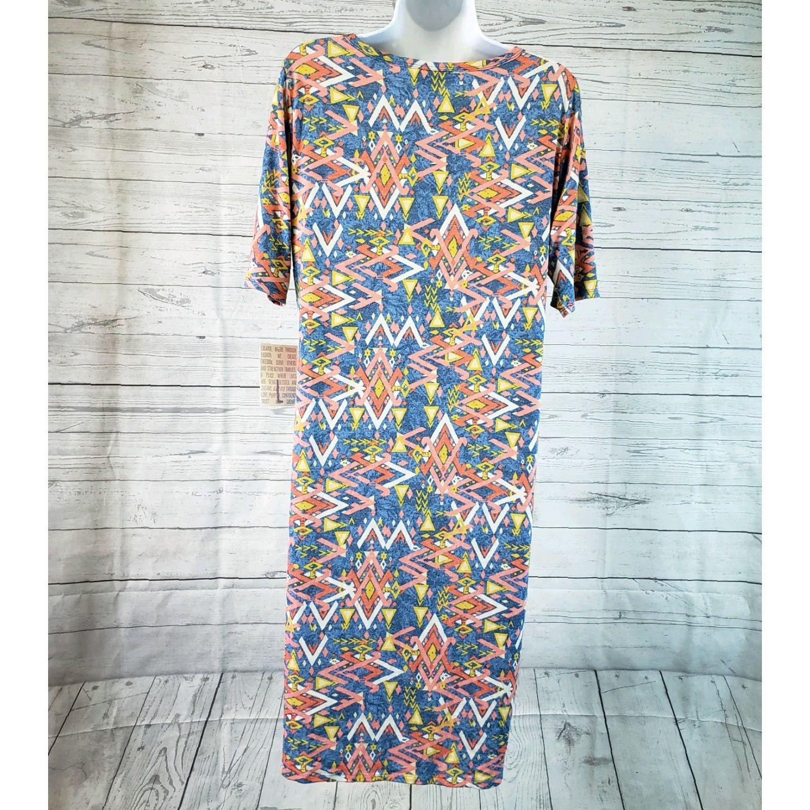 Vintage LuLaRoe Julia Dress L Pink Geometric Knee Length Half Sleeve Round Neck Pullover Polyester Blend Size L / US 10 / IT 46 - 3 Thumbnail