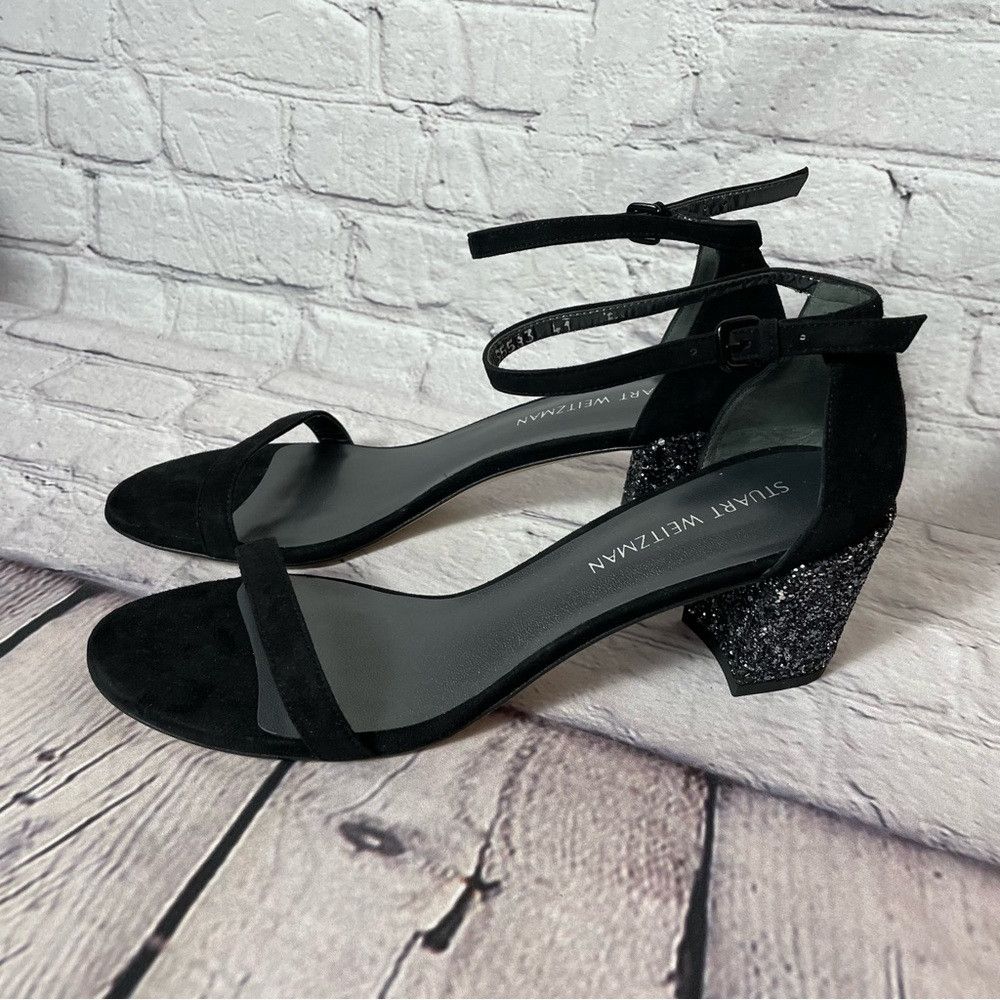 Stuart Weitzman New Stuart Weitzman Simple Black Block Glitter Heel Suede S Size US 10.5 / IT 40.5 - 3 Thumbnail