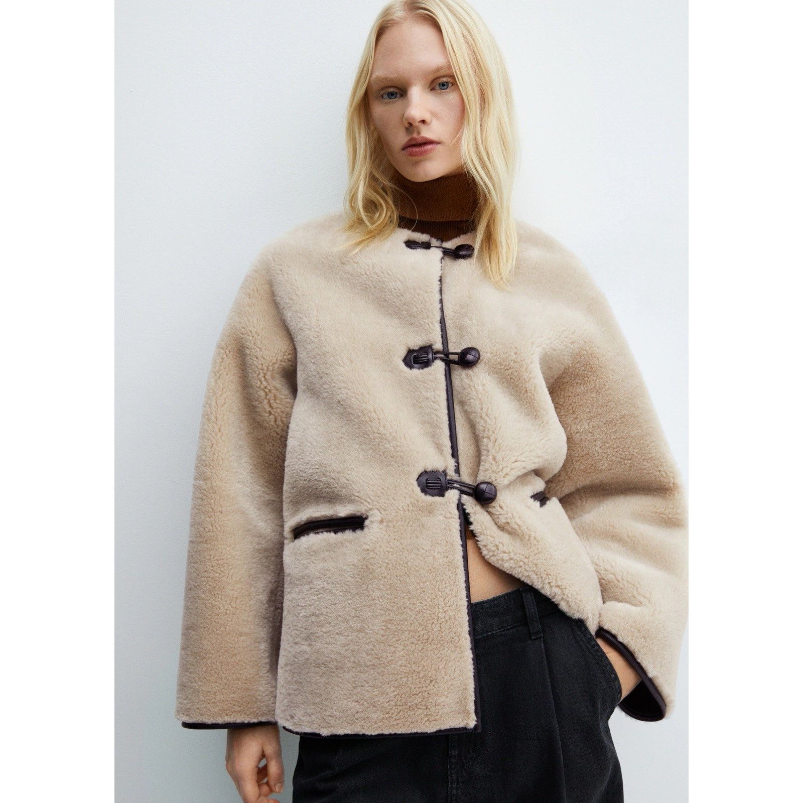 MANGO cream faux fur Black Toggle Sherpa Coat Jacket M