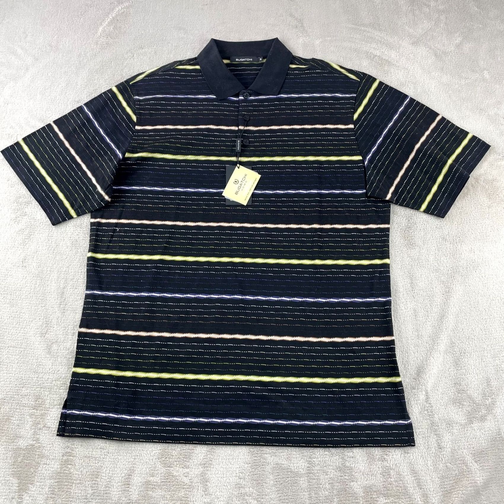 BUGATCHI BUGATCHI Polo Shirt Men Medium Black Multi Striped Mercerized Cotton SS NWT 29 Size US M / EU 48-50 / 2 - 4 Thumbnail