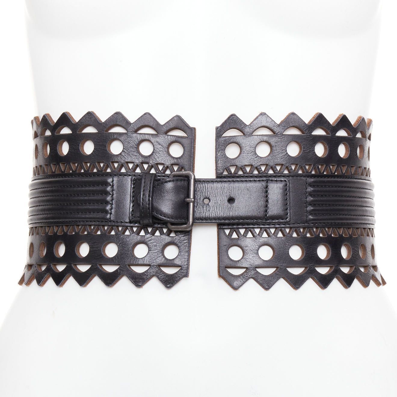 Alaia ALAIA Vienne black leather laser cut cinched corset wide belt 65cm Size ONE SIZE - 1 Thumbnail