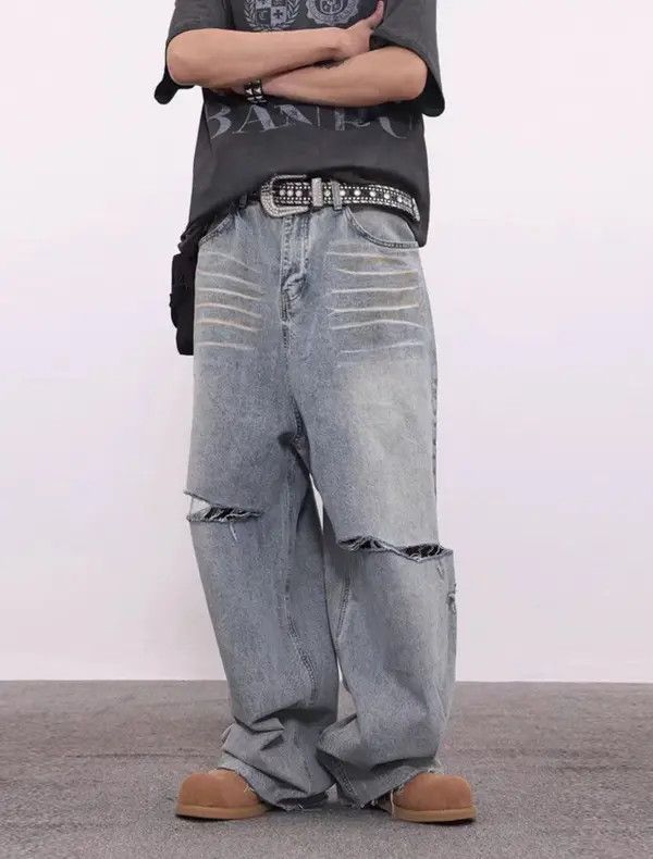 Japanese Brand VIBE Washed vintage distressed ripped fringed baggy jeans Size US 32 / EU 48 - 2 Thumbnail