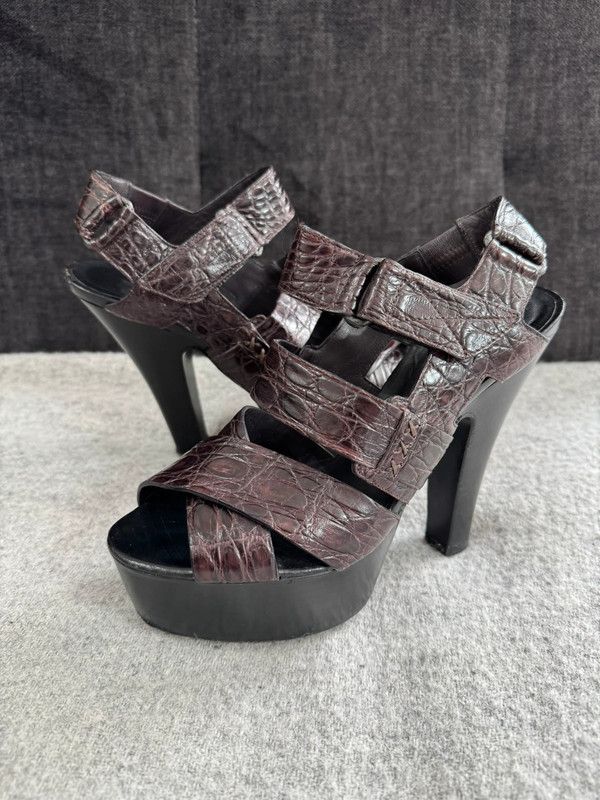 Bottega Veneta Crocodile High Heel Shoes Leather Sandals Size 36 in Brown, Women's