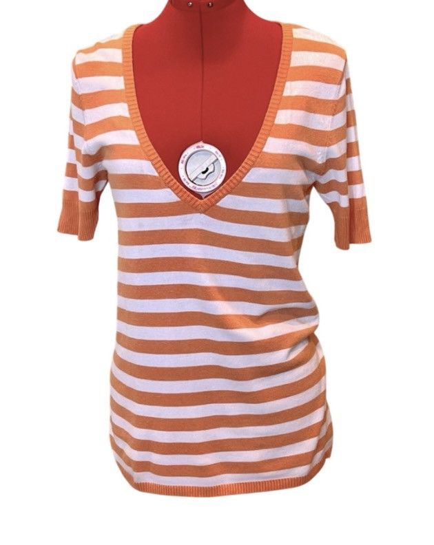 Other Pink Rose Orange & White Striped Deep V Sweater Top Large Size L / US 10 / IT 46 - 1 Thumbnail