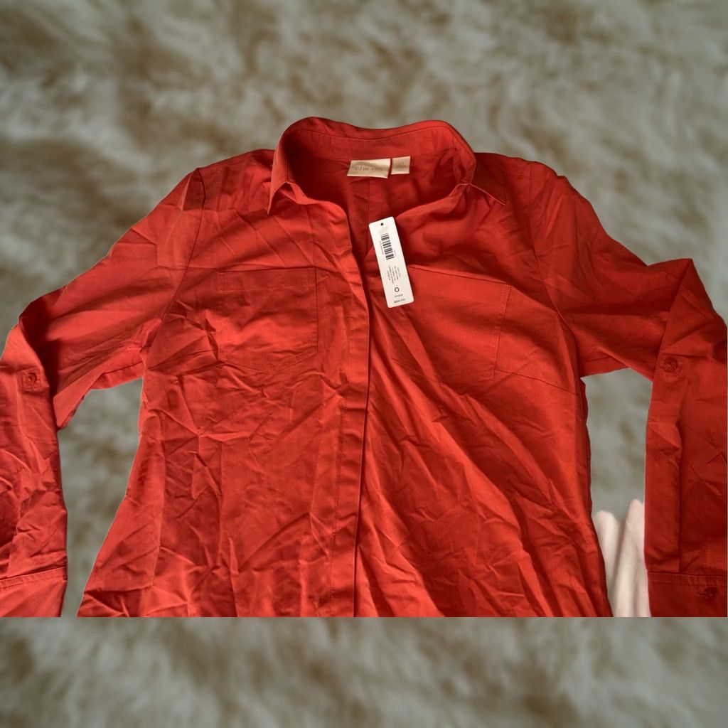 Chico's Shirt Womens Xs Red Silky Soft Relaxed Fit Button-Up Casual Office Wear, Women's