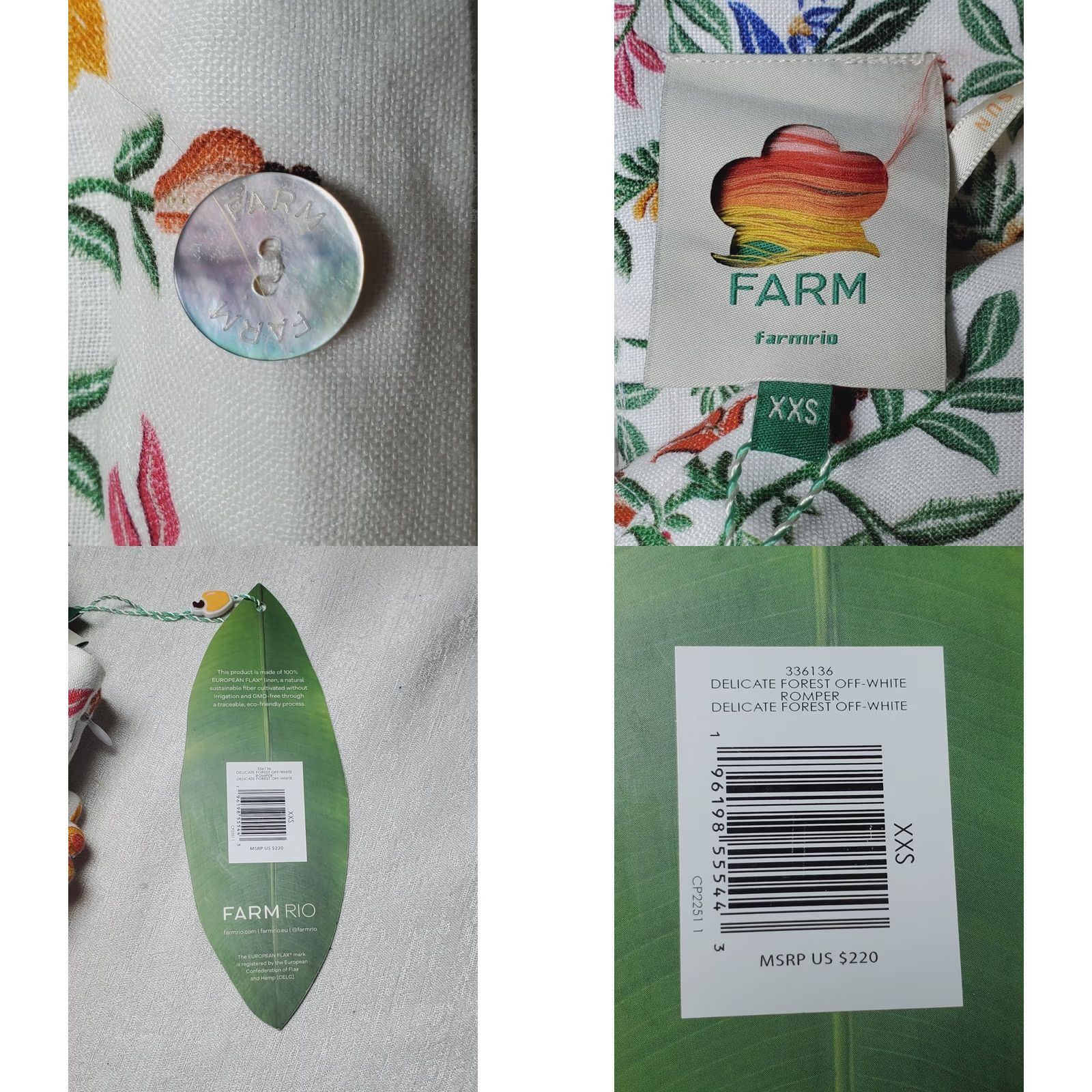 Farm Rio Farm Rio Delicate Forest Off-White Euroflax Premium Linen Romper Women's XXS NEW Size 24" / US 00 / IT 34 - 9 Thumbnail
