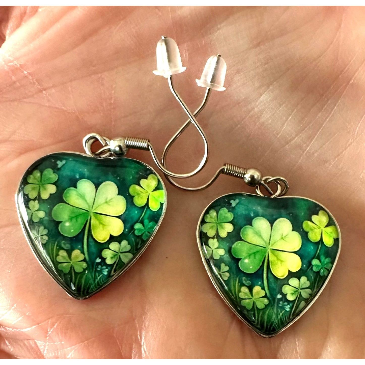 Handmade Shamrock Earrings St Patricks Day Clover Heart Shaped Dangle Size ONE SIZE - 5 Thumbnail