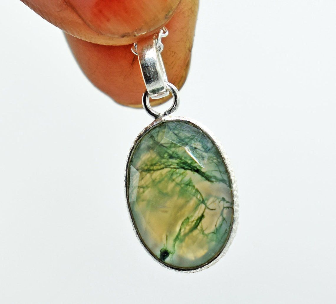 Handmade Natural Moss Agate 925 Sterling Silver Necklace - 18 Inch Size ONE SIZE - 4 Thumbnail