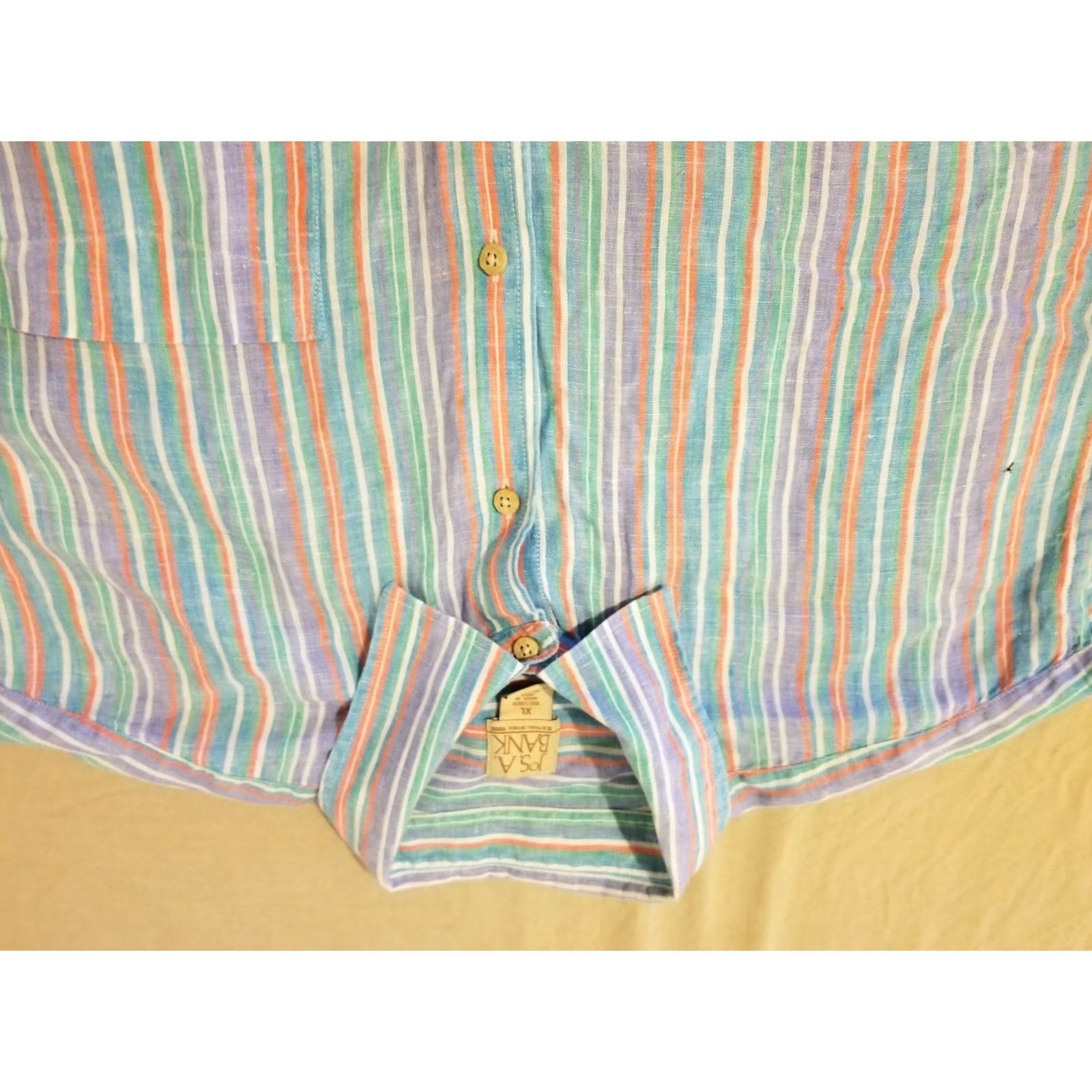 Jos. A. Bank Mens Jos. A. Bank Shirt XL Green Blue Button Linen Short Sleeve Size 46R - 2 Thumbnail
