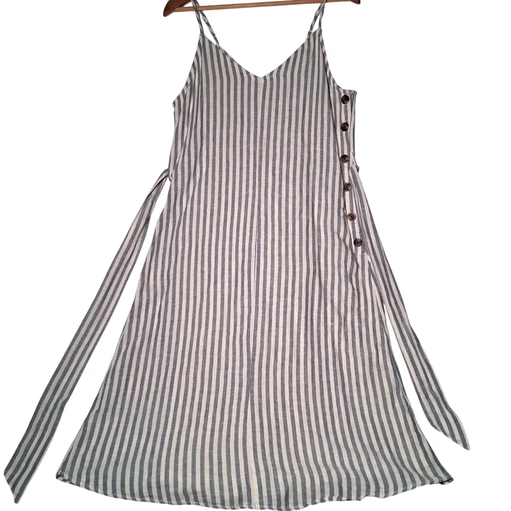 Vintage American Eagle Outfitters Dress M Blue White Stripe Belted Button Sundress Size M / US 6-8 / IT 42-44 - 3 Thumbnail