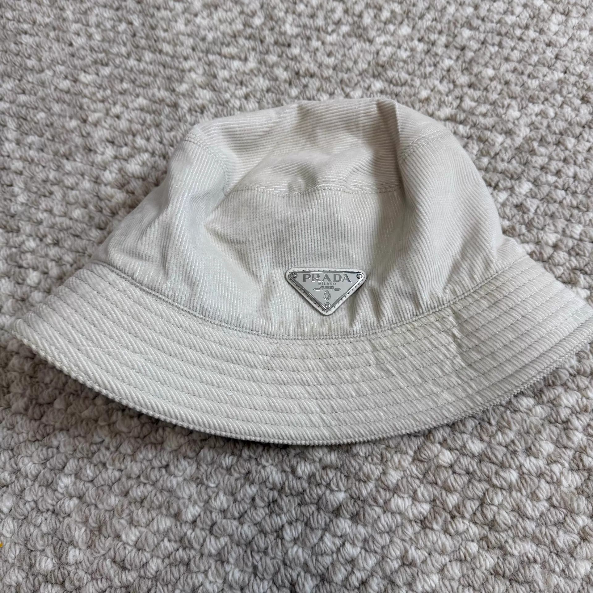 Prada PRADA Enamel Logo Corduroy Bucket Hat Men's Ivory L Size ONE SIZE - 1 Thumbnail