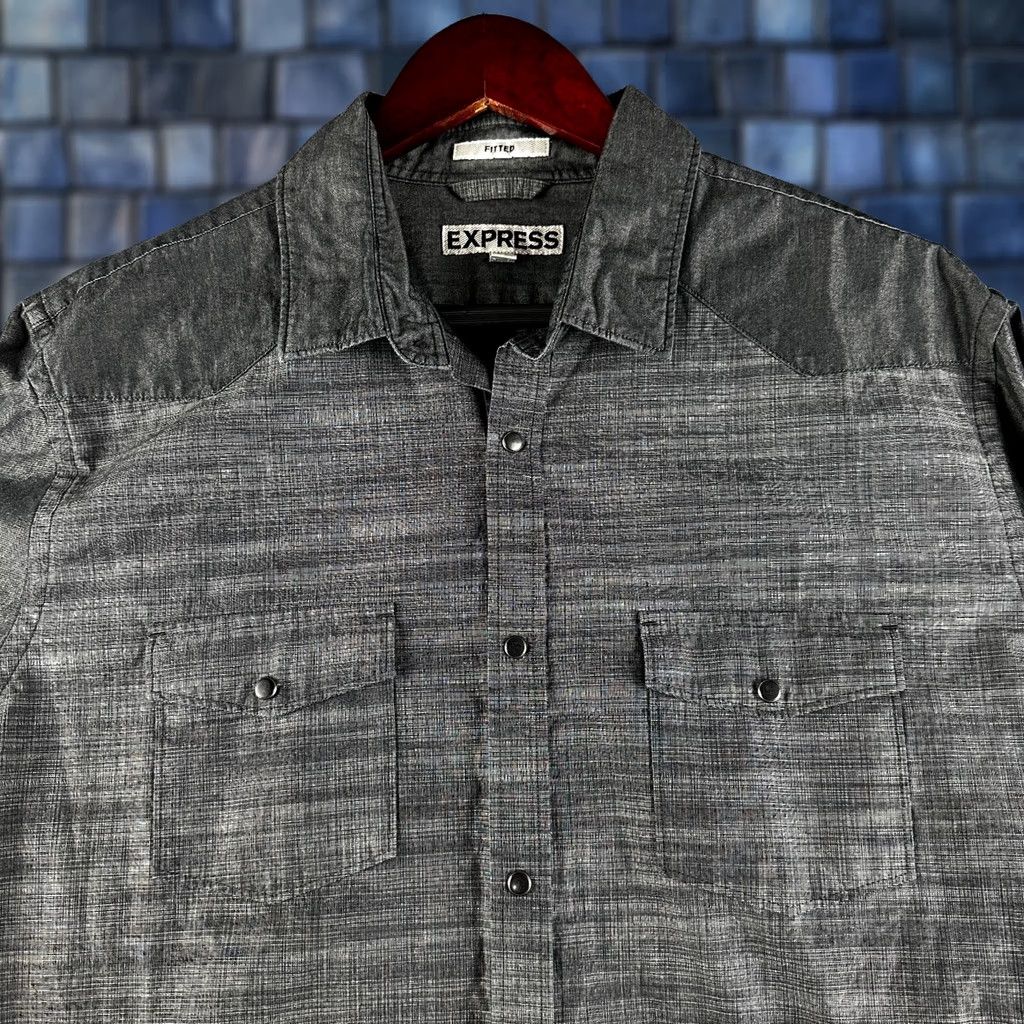 Express Express Shirt Mens Large Fitted Snap Up Western Style Gray Cotton Pockets Size US L / EU 52-54 / 3 - 1 Thumbnail