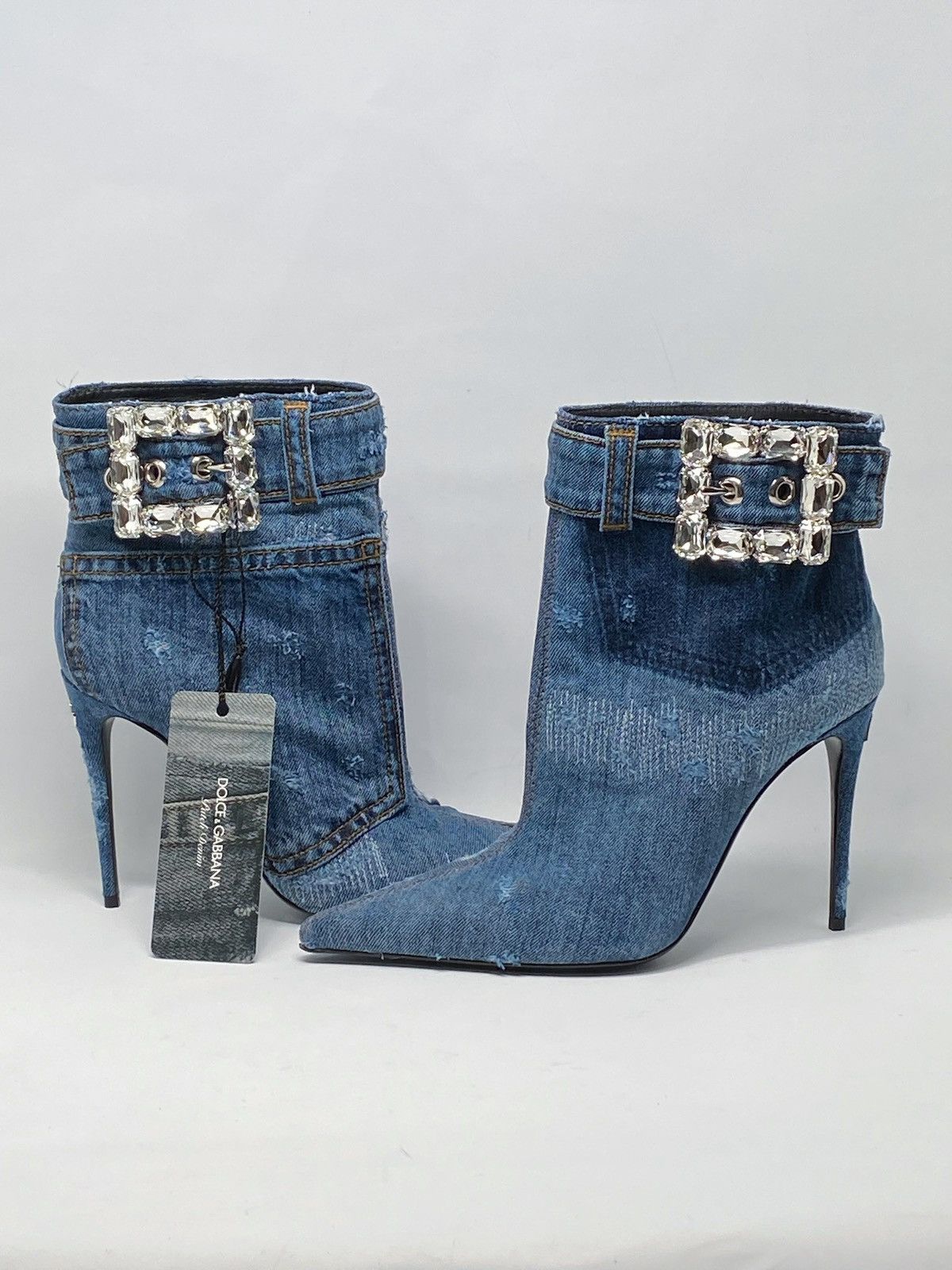 Dolce & Gabbana DOLCE & GABBANA denim ankle boots with rhinestone buckle Size US 7 / IT 37 - 10 Thumbnail