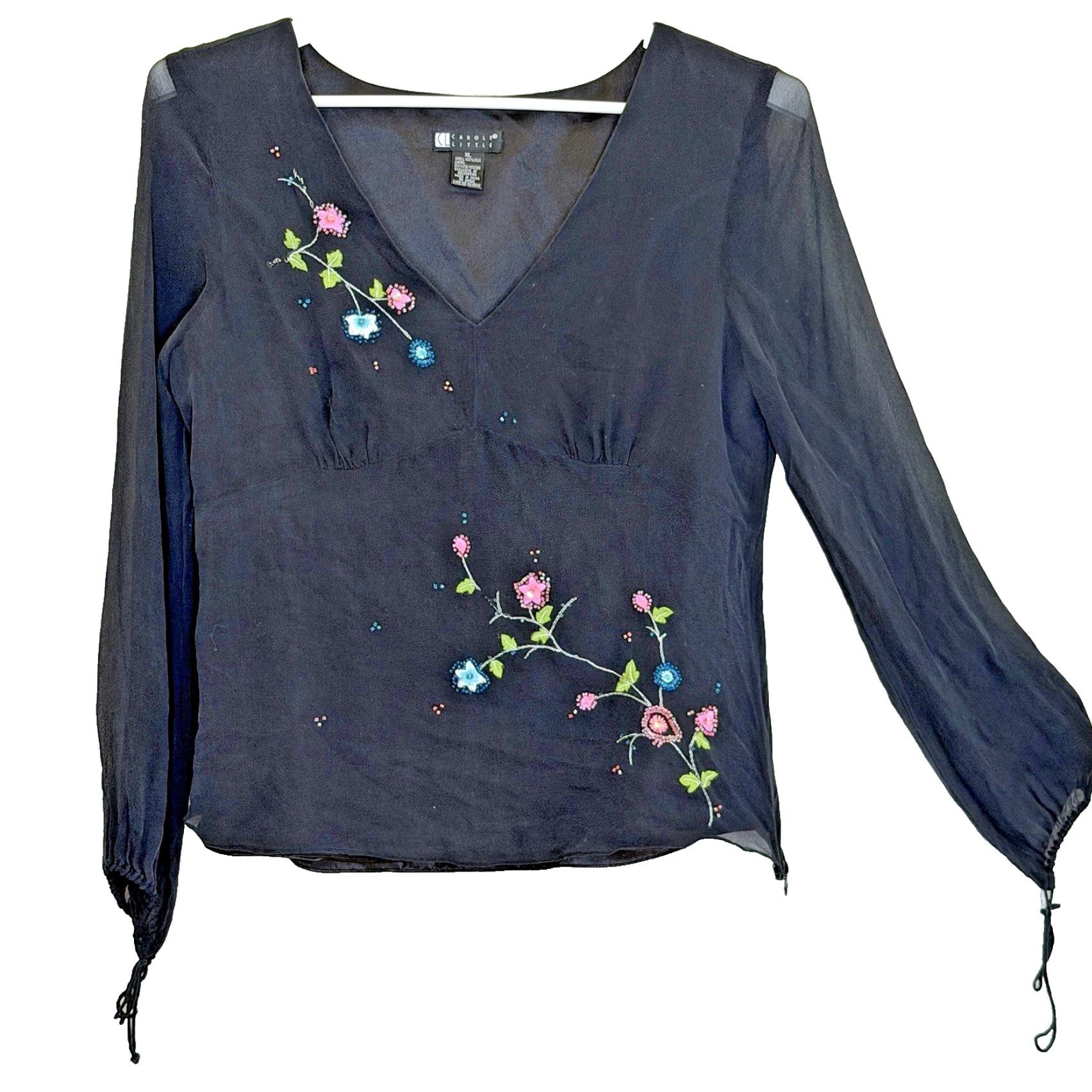 Vintage VINTAGE Carole Little Top Womens XL Black Silk Beaded Embroidered Floral V-Neck Long Sleeve Bodice Lined Blouse Womens. Size XL / US 12-14 / IT 48-50 - 2 Thumbnail