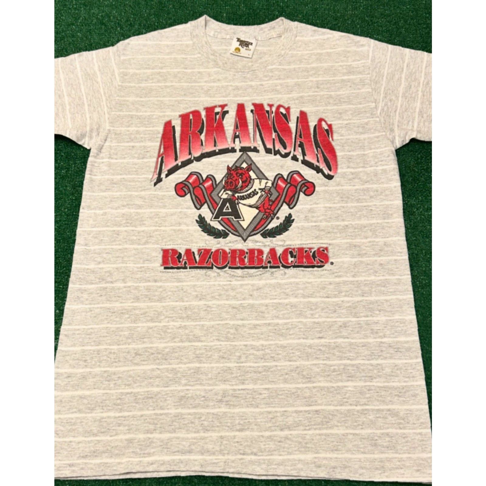 Vintage VINTAGE Razorbacks Arkansas University Striped Shirt Mens L 1990s 90s Gray Short Sleeve T-Shirt Size US L / EU 52-54 / 3 - 3 Thumbnail
