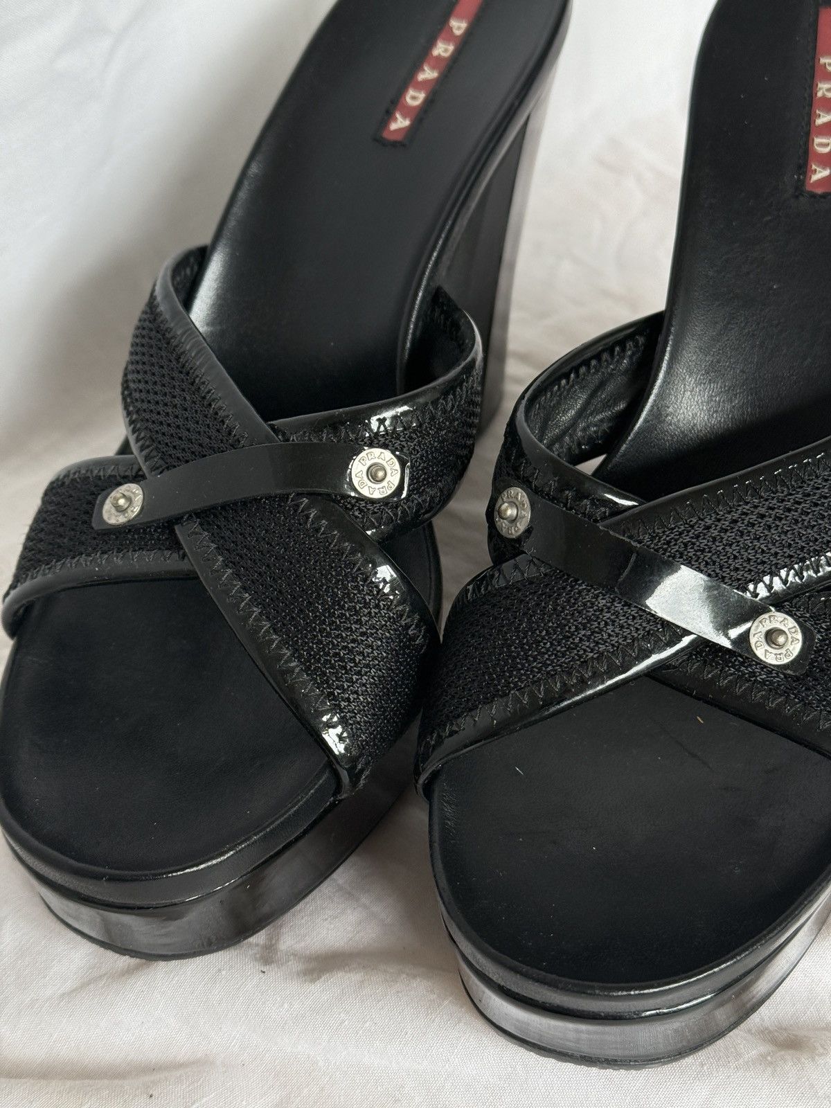 Prada Prada Black Leather Straps Wedges Sandals Size US 8.5 / IT 38.5 - 5 Thumbnail