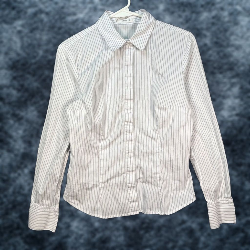 Mango Mango White & Blue Striped Button-Up Long Sleeve Collared Shirt Womens 4 Casual Cotton Elastane Pocketed Shirt Size S / US 4 / IT 40 - 1 Thumbnail