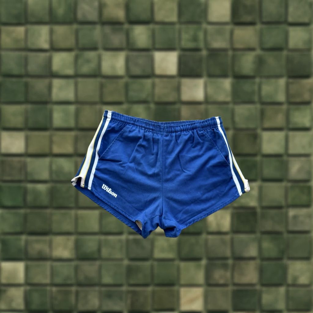Wilson VINTAGE Wilson RARE FADED SATIN SHORTS USA SOCCER FOOTBALL BLUE Sz M-L Shirt Mens 80s Football Shorts Vintage Shorts Distressed Size US 31 - 1 Thumbnail