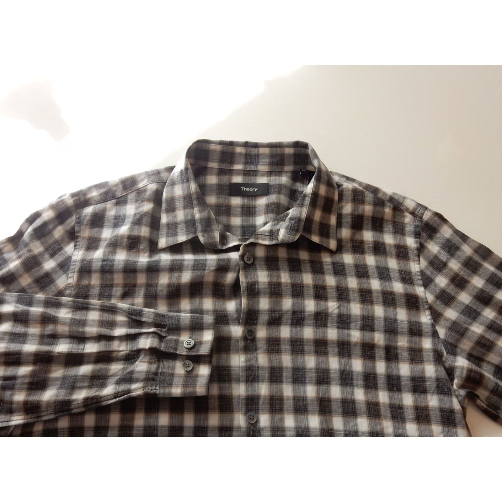 Theory Theory Mens Button-Up Shirt Plaid Gray Cotton Size M Regular Long Sleeve Size US M / EU 48-50 / 2 - 2 Thumbnail
