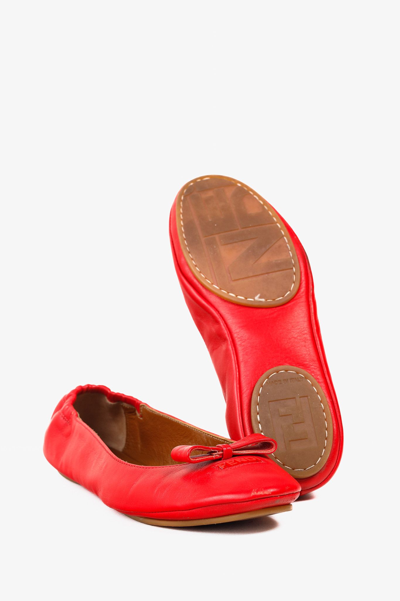 Fendi Fendi Coral Red Leather Bow Scrunch Ballet Flats Size US 7.5 / IT 37.5 - 5 Thumbnail