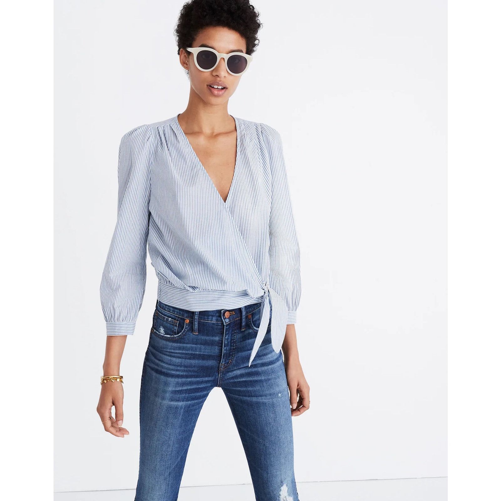 Madewell Madewell Wrap Top in Indigo Stripe Blouse Size XL Size XL / US 12-14 / IT 48-50 - 1 Thumbnail