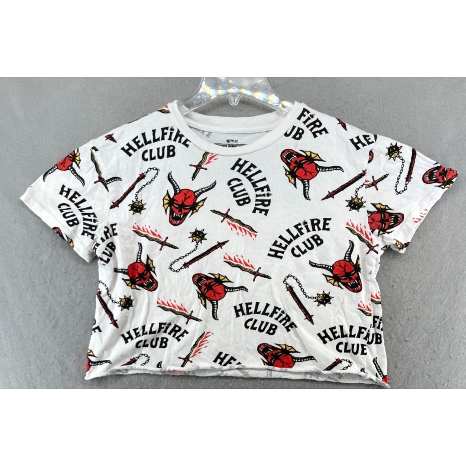 Vintage Stranger Things Womens Cropped TShirt Medium White Hellfire Club Shirt Womens M White Graphic Print 90s Theme Size M / US 6-8 / IT 42-44 - 2 Thumbnail