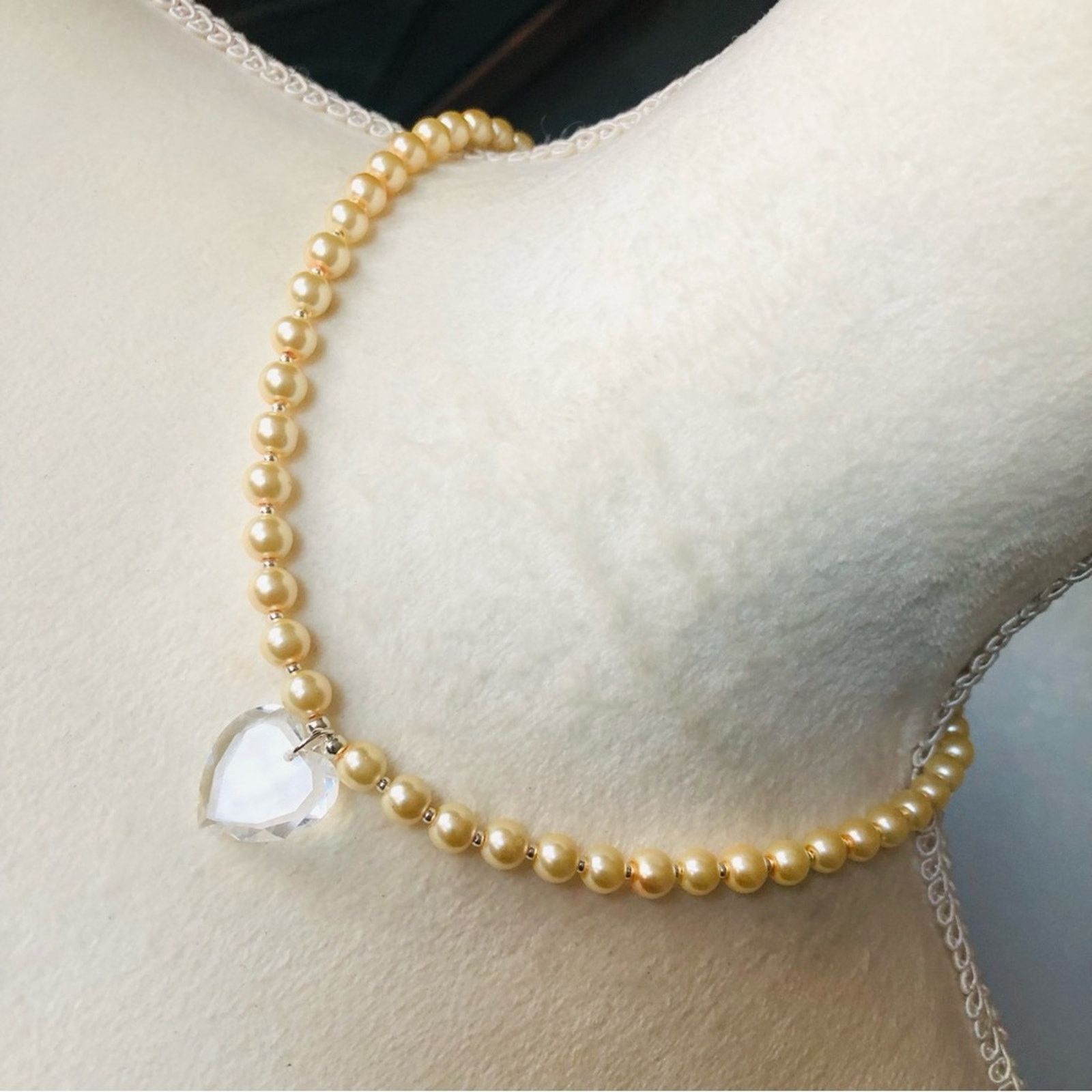 Handmade Handcrafted repurpose faceted heart crystal Pearl necklace Size ONE SIZE - 1 Thumbnail