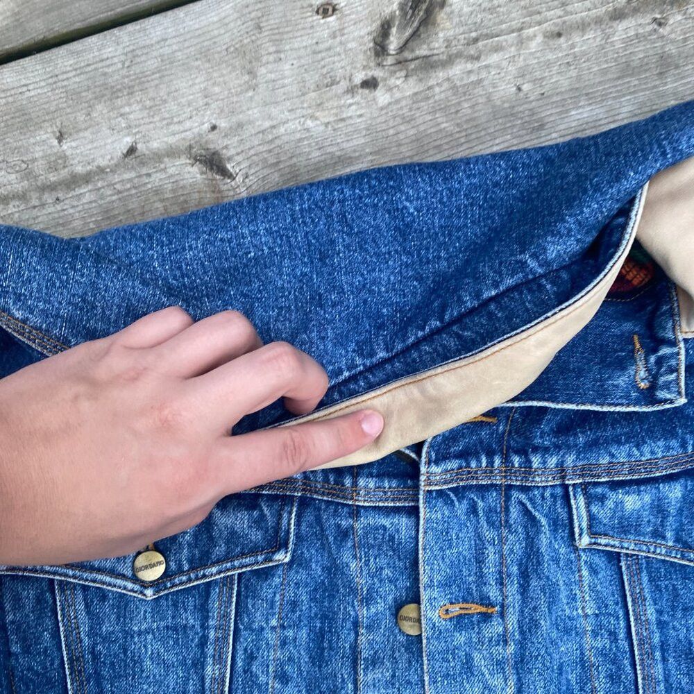 Giordano × Vintage Vintage 1980s Blanket Lined Giordano Aztec Denim Jacket Lar Size US L / EU 52-54 / 3 - 7 Thumbnail
