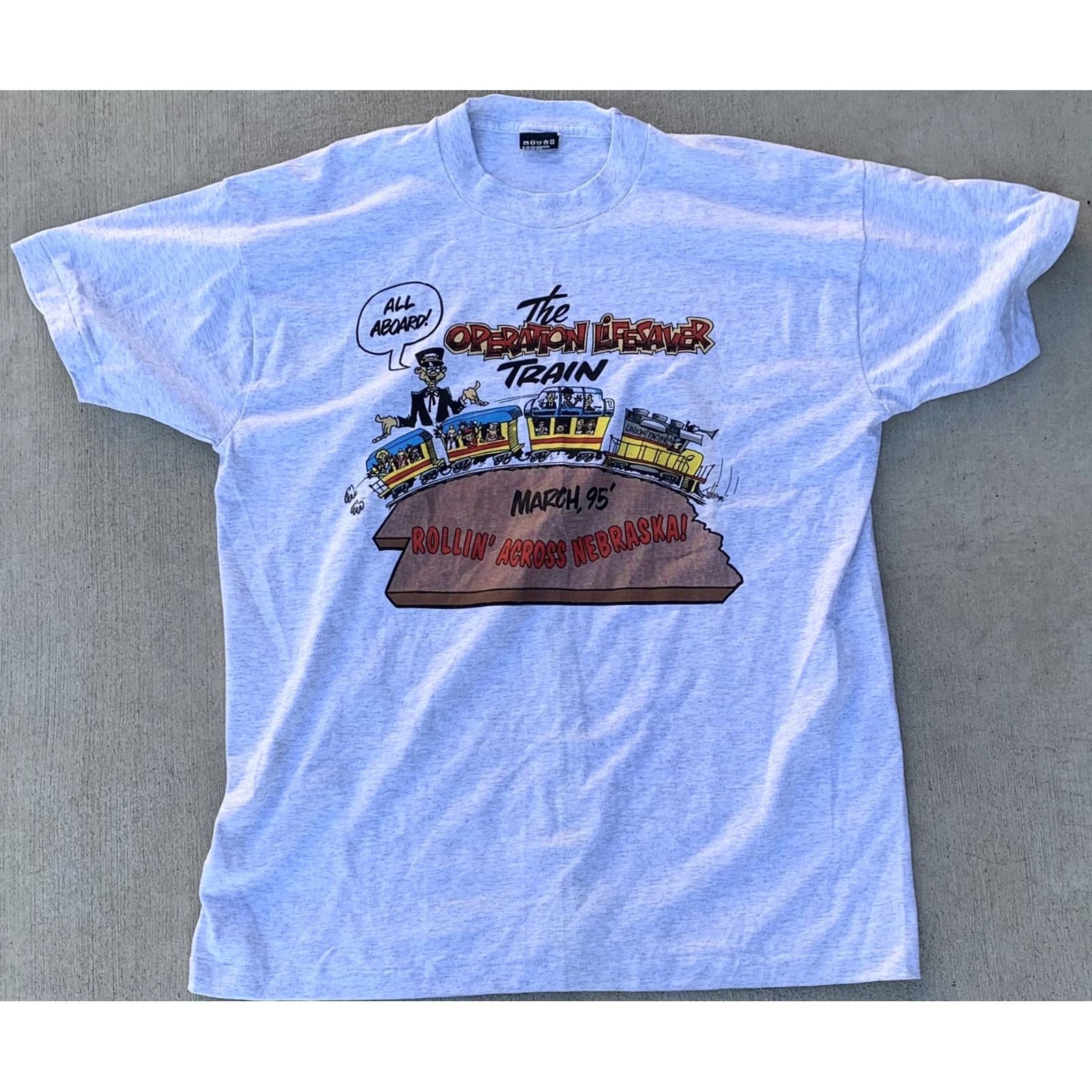 Fruit Of The Loom VINTAGE Fruit of the Loom T-Shirt Unisex XL Gray 1990s Operation Lifesaver Train March 95 Rollin’ Across Nebraska! Size US XL / EU 56 / 4 - 7 Thumbnail