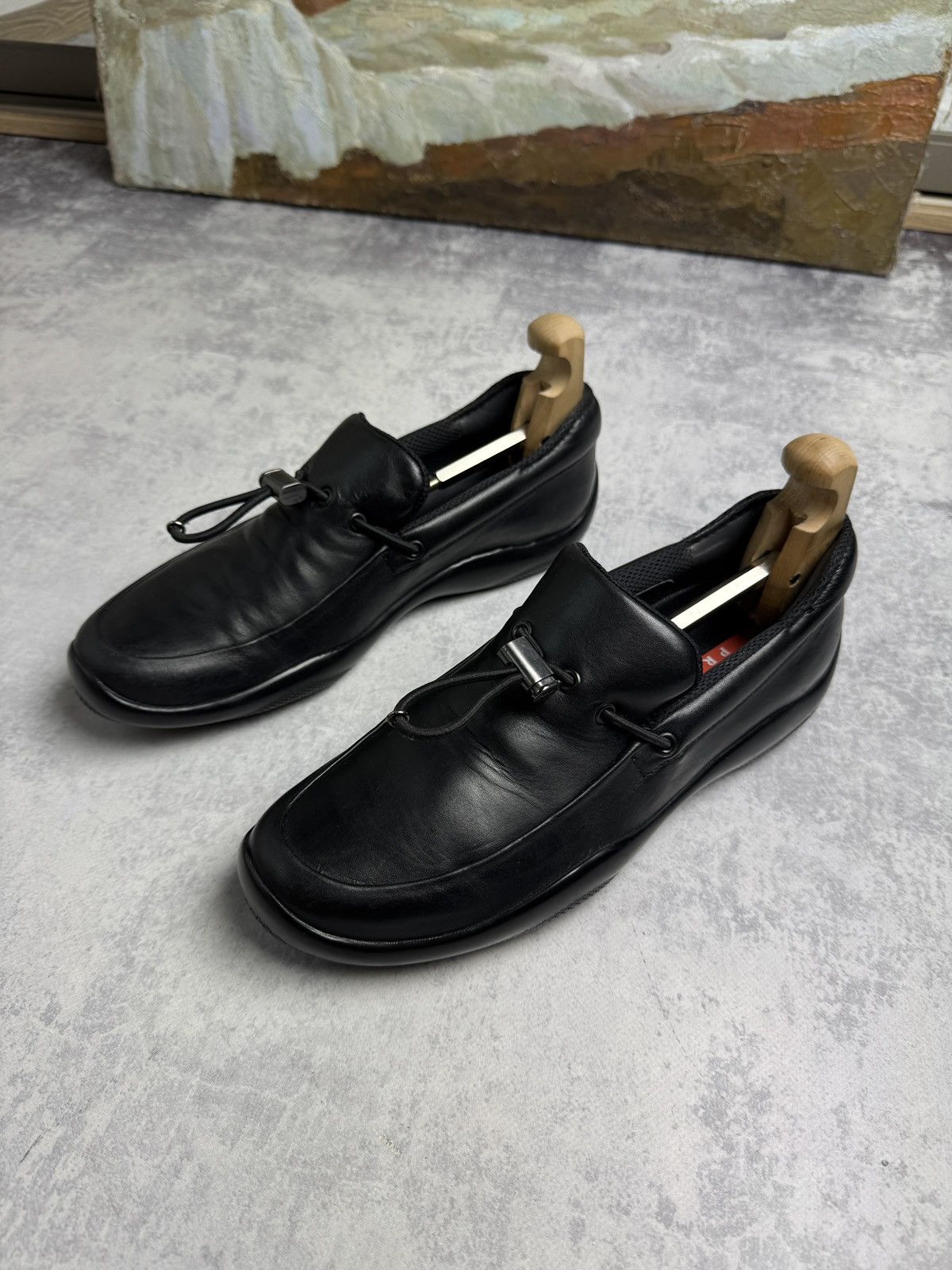 Archival Clothing x Italian Designers Prada Square Toe Leather Luxury Classic Formal Loafers Shoes in Black (Size 10.5)